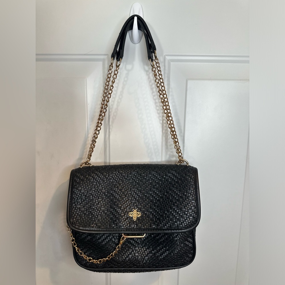 Lucky Bees Woven Black Shoulder Bag with Gold Chain
